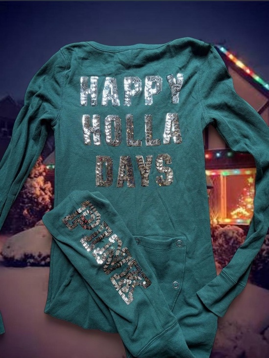 PINK Victoria's Secret Other - RARE VS PINK Green Sequin Thermal Waffle Knit Holiday Christmas Onesie Jumpsuit